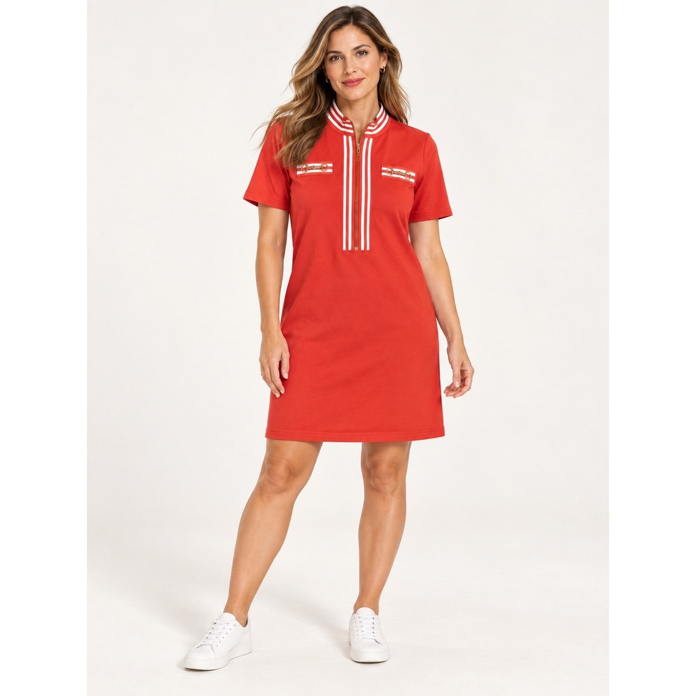 Boston Proper Dress Womens L Red White Stripe Gold Chain Quarter Zip Sporty